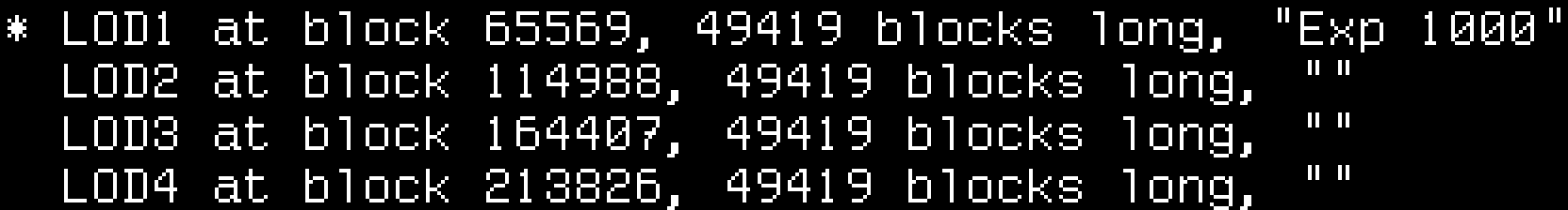 LOD1 at block 65569, 49419 blocks long, Exp 1000, starred; LOD2, LOD3 and LOD4 empty.
